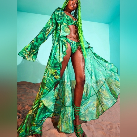 PrettyLittleThing Dresses & Skirts - New Green Long Kimono Tropical Leaf Print XL By Pretty Little Thing